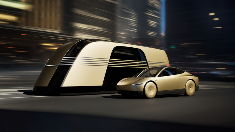 Rendering of Tesla Robovan and Cybercab in motion