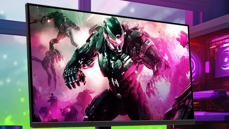 A robotic person with pink energy in its hand on a monitor