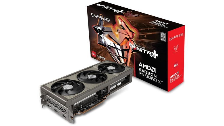 A render of the Sapphire Radeon RX 9060 graphics card with its box