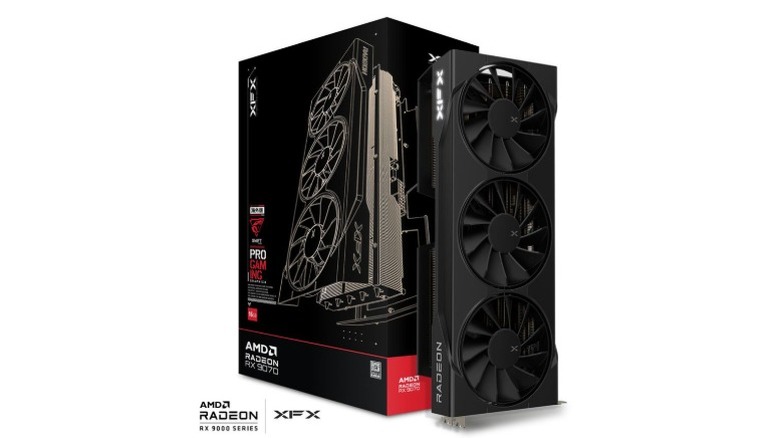 A render of the XFX Radeon RX 9070 graphics card with its box along with Radeon and XFX logos at the bottom