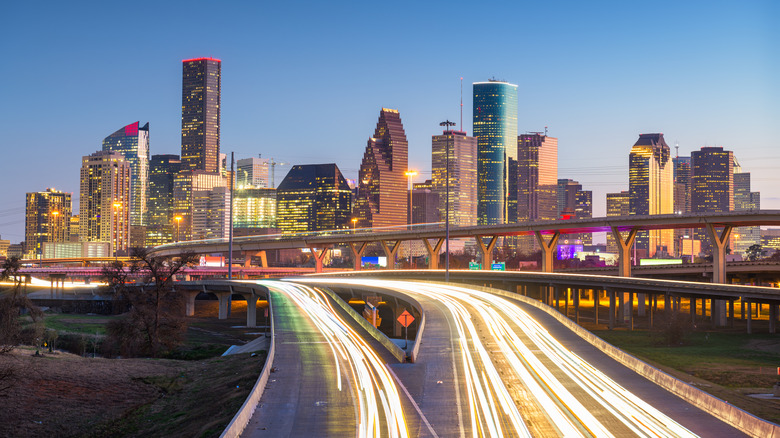 Long exposure of Houston skyline with traffic