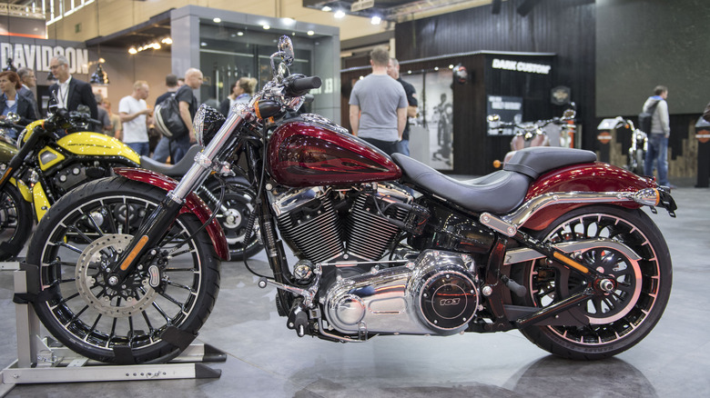 A red Harley-Davidson Breakout motorbike on display at a trade show in Cologne, Germany, in 2016.