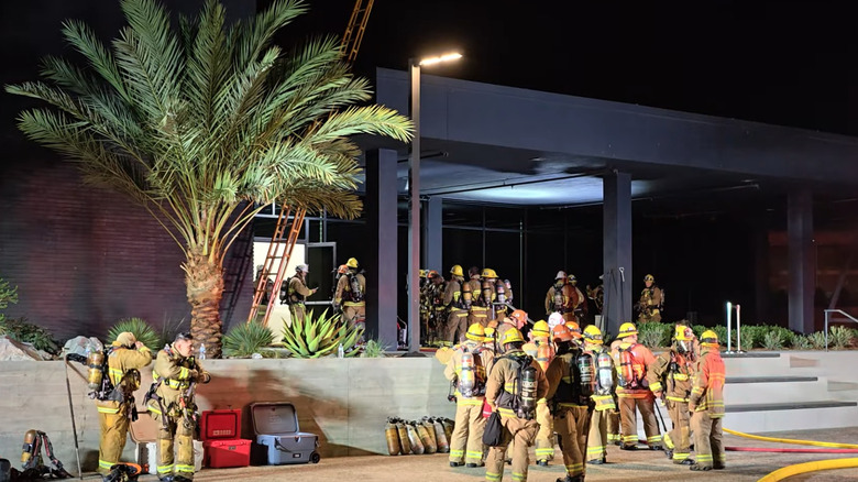 Firefighters outside General Motors' Advanced Design Center in Pasadena, California