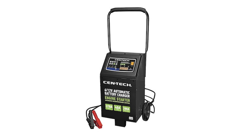 Cen-Tech 200 Amp, 6/12V Wheeled Automatic Battery Charger with Engine Jump Start on a white background