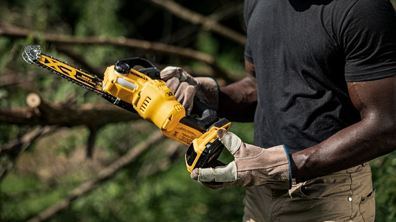 Person holding a DeWalt 20V Max pruning chainsaw.