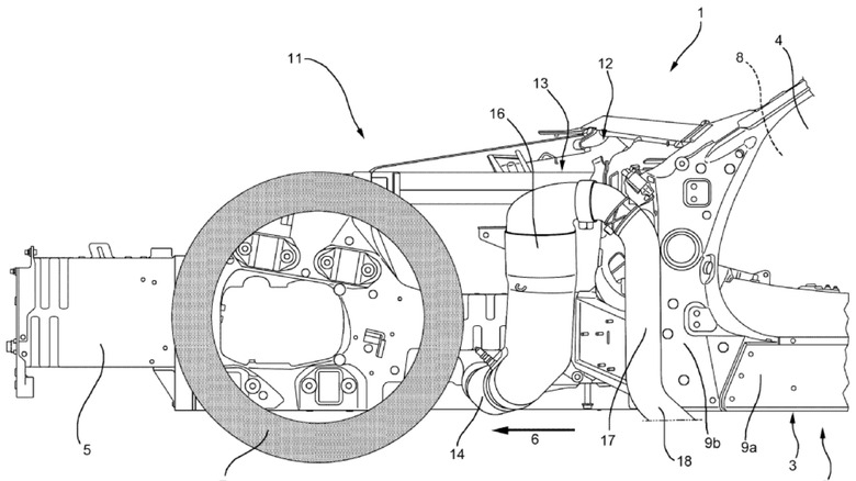 A detailed drawing showcasing a Ferrari patent for a side-mounted exhaust system.