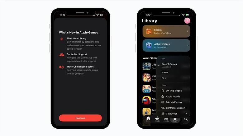 Screenshot showing the new Filter by Size option in Apple Games app on iPhone