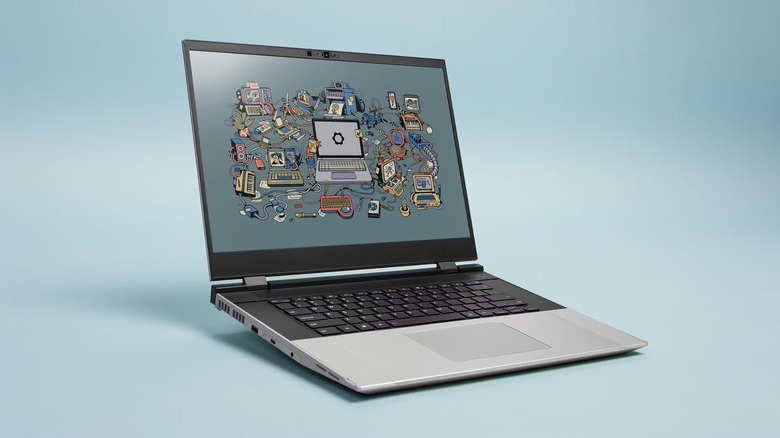 An open Framework Laptop 16 in front of blue background