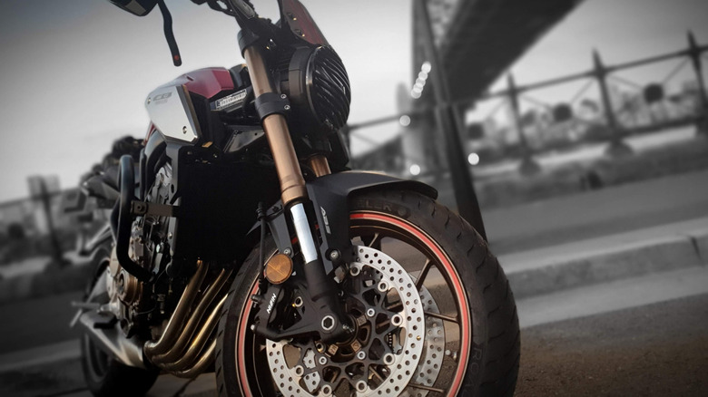 Close up of Honda CB650R on Sydney Harbor Bridge.
