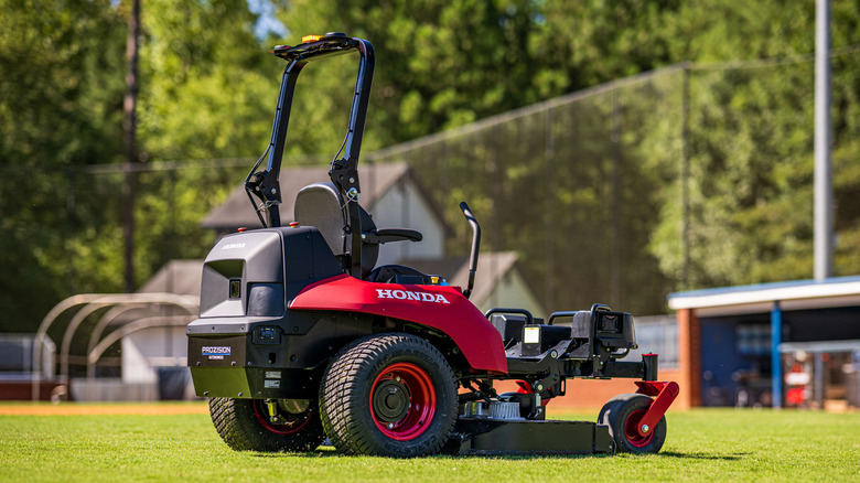 Rear view of Honda ProZision Autonomous ZTR lawnmower on baseball field