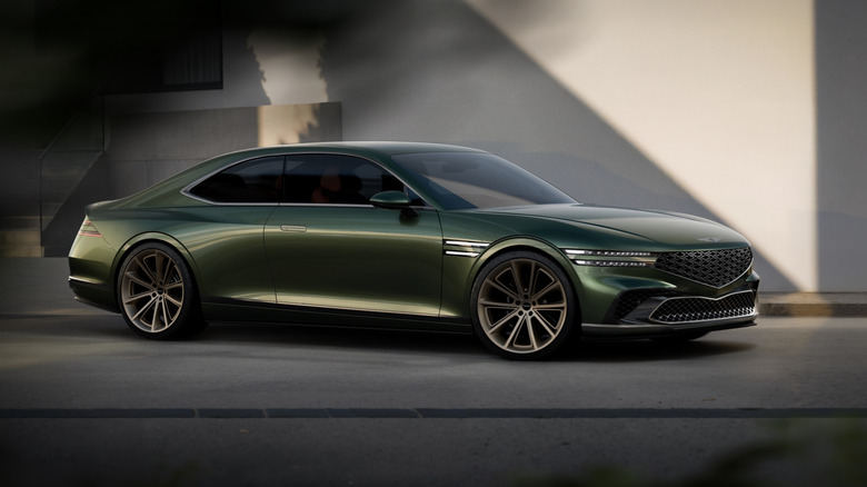 Genesis X Gran Coupe Concept, green exterior, front 3/4 view