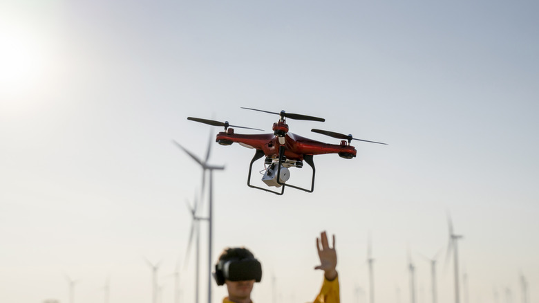 A quadcopter drone flying