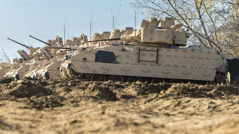 A line of Bradley Fighting Vehicles