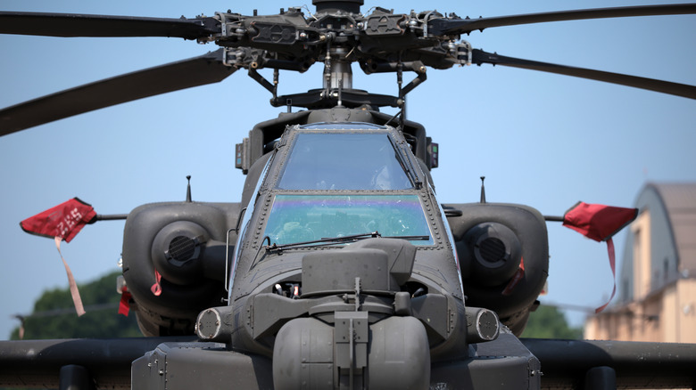 An Apache helicopter on the ground.
