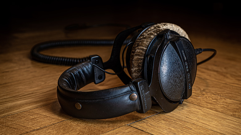 Close up of Beyerdynamics DT 770 headphones on table