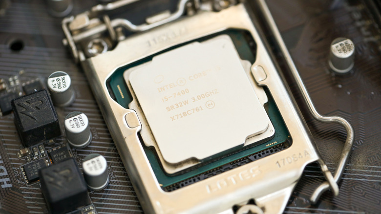 Close-up of an Intel CPU installed in a motherboard