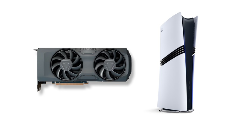 AMD 7700 XT GPU next to a PS5 Pro