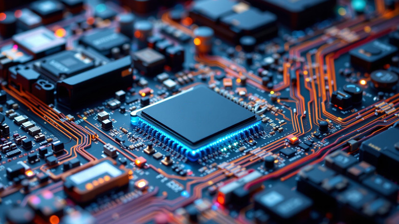 Close up render of a CPU chip installed in a motherboard