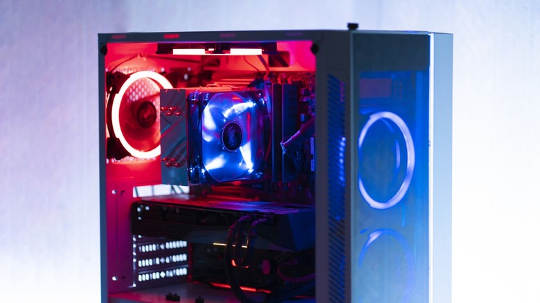 A gaming PC with a CPU cooler and RGB fans