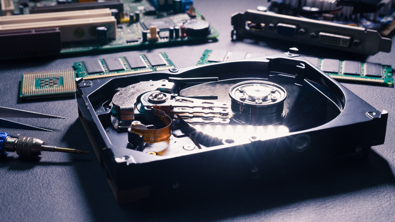 a hard drive near other PC components