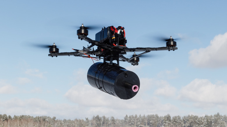 An FPV drone controlled via fibre optics is seen during a test flight