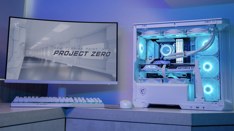 MSI Project Zero setup with a monitor, gaming PC, keyboard, and mouse.