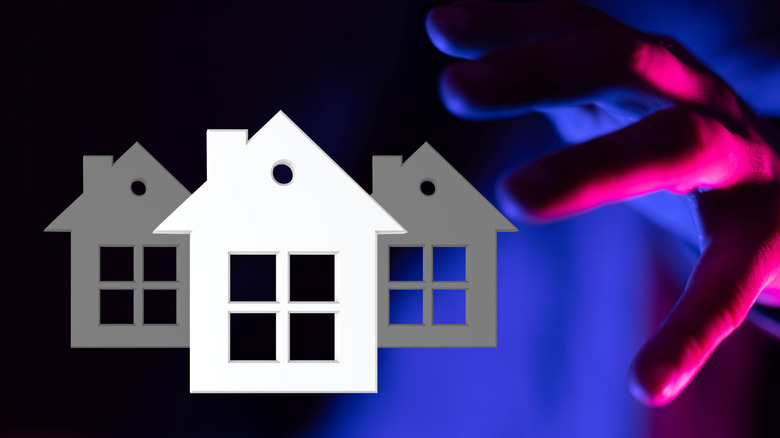 Graphic with a stranger's hand reaching fo three smart homes to hack