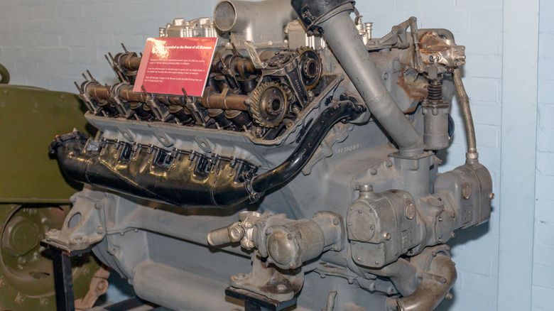 A Ford GAA 18 V8 engine on display at a museum