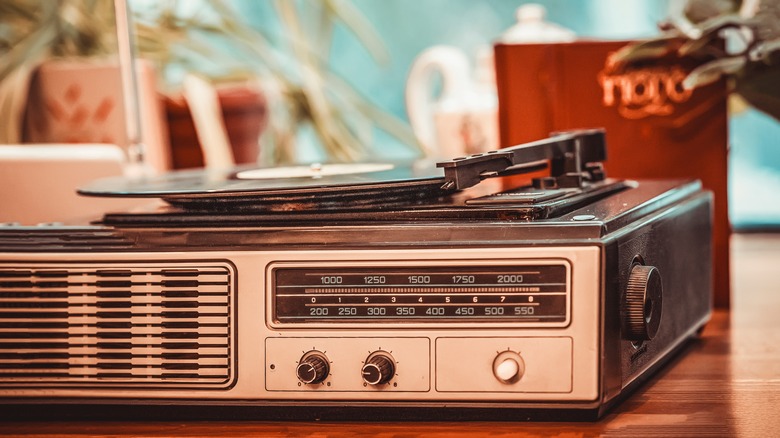 Vinyl record playing on a vintage turntable
