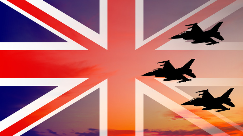 Three fighter jets superimposed over a British flag