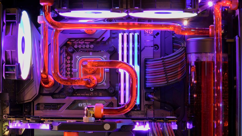 Close-up of gaming PC with custom water cooling loop