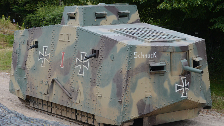 Replica of A7V 'Schnuck' painted in green and brown camo