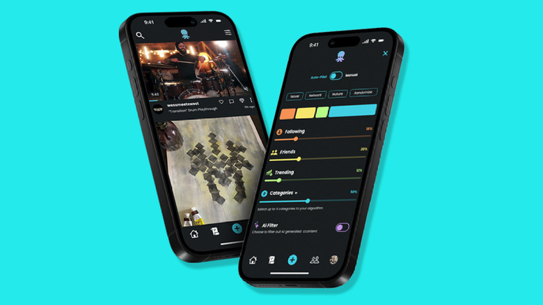 Two iPhones showing the user interface of the Neptune social media app.