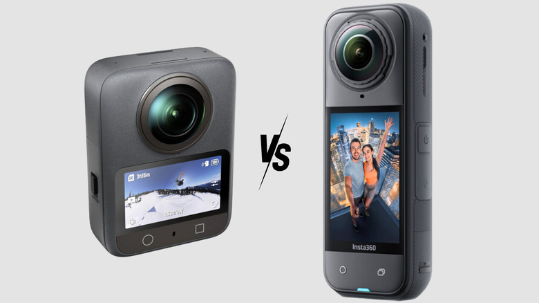 Image of the DJI Osmo 360 and the Insta360 X5 side by side with a versus symbol in between