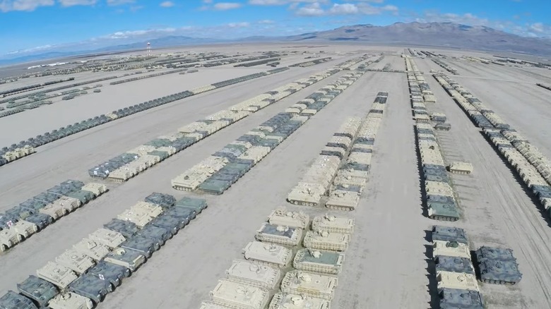 Photo showing the vast expanse in the Desert where tanks are parked on the Sierra Army Depot.