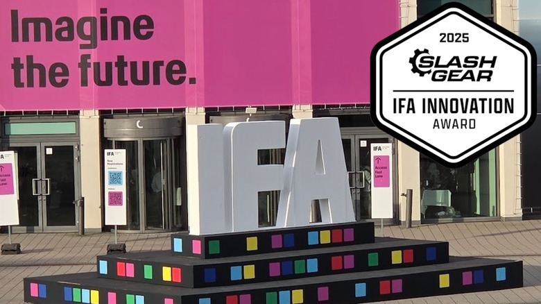 SlashGear IFA 2025 Innovation Award badge outside the IFA venue