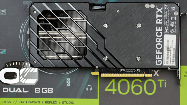 A close up shot of a Nvidia GeForce RTX 4060 Ti Graphics Processing Unit GPU.