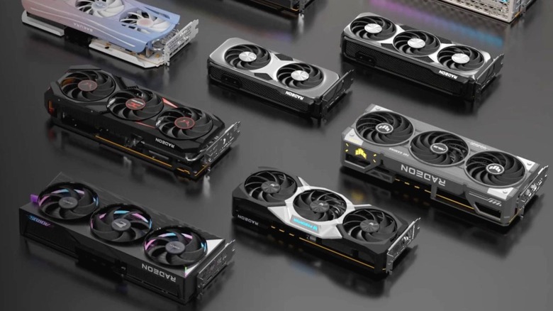 A render of a collection of AMD Radeon graphics cards on a dark background