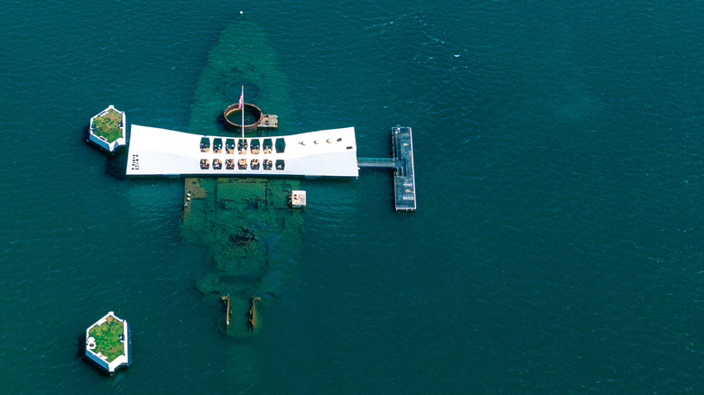 Bird-eye view of USS Arizona memorial in Pearl Harbor