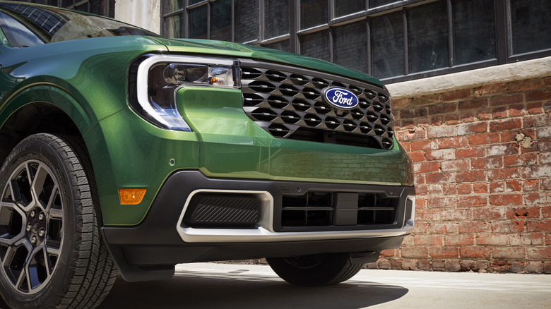 Close-up shot of a green Ford Maverick