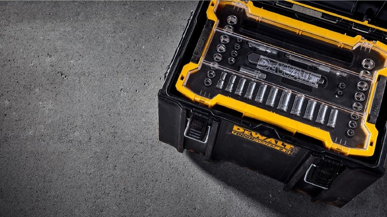 DeWalt branded sockets stored inside a ToughSystem branded tray
