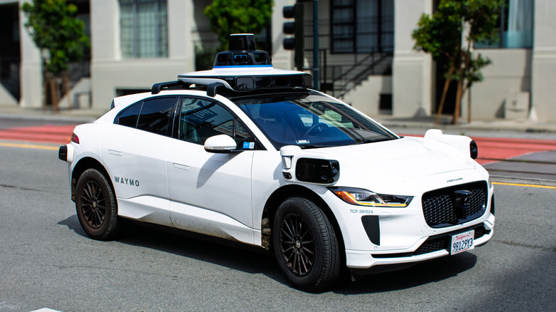 A Waymo Jaguar drives in San Francisco