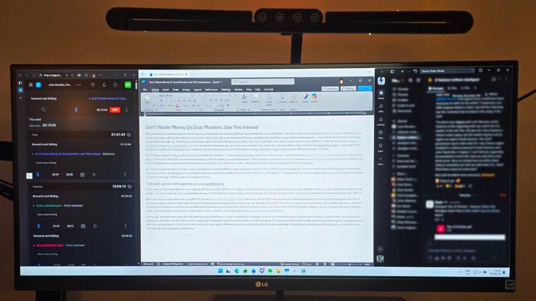 The author running three apps simultaneously on an ultrawide monitor