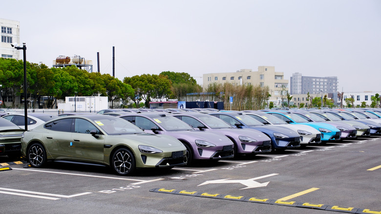 Xiaomi EVs parked in storage lot in China