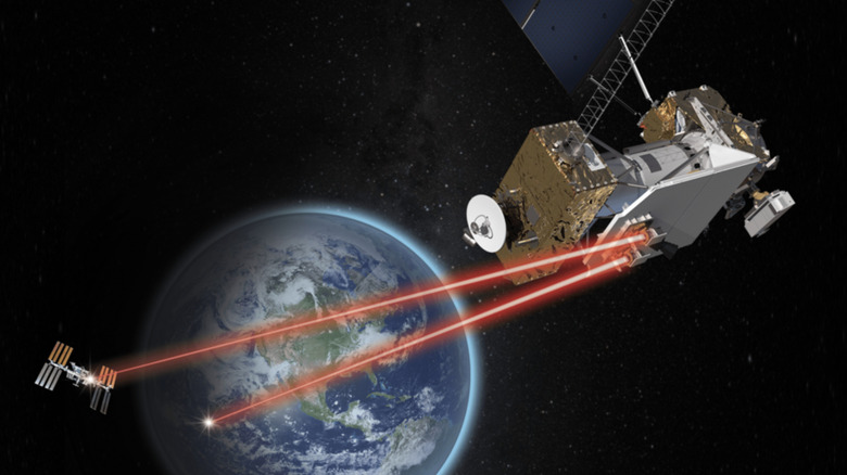Graphic of two satellites above earth, with a red laser beam connecting them, and beaming down to the planet.