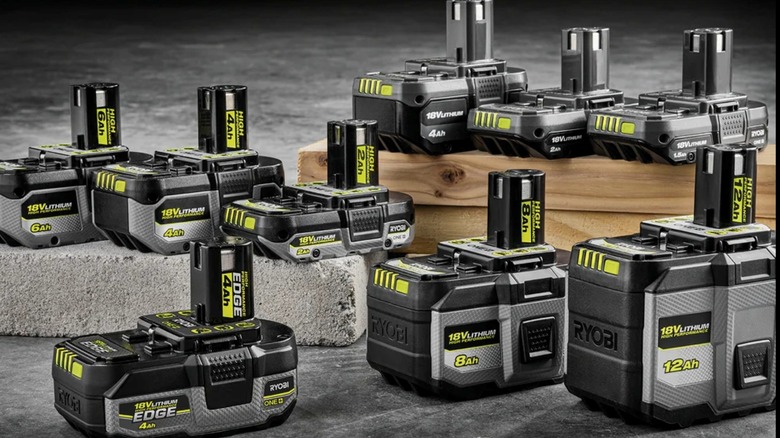 A collection of Ryobi One+ 18V High Performance Edge batteries.