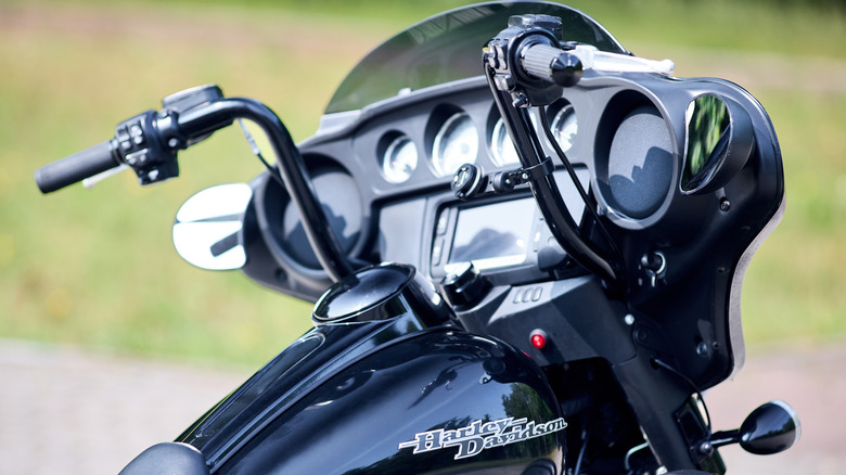 The front of a Harley-Davidson motorcycle.