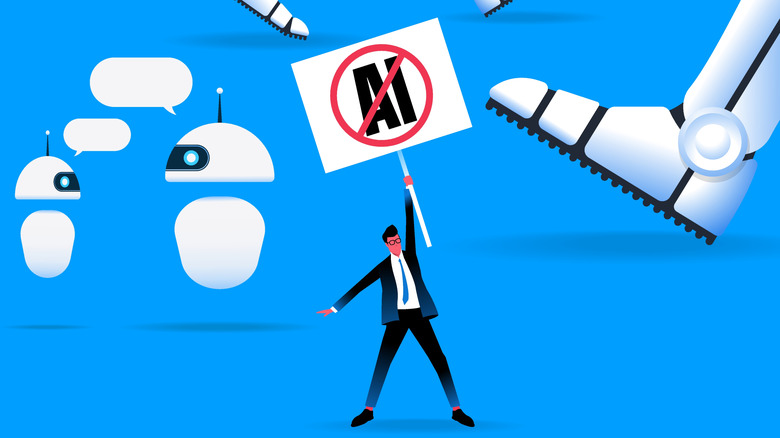 Cartoon-style Illustration of a man in a suit holding a sign with 