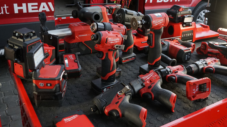 A display of Milwaukee tools