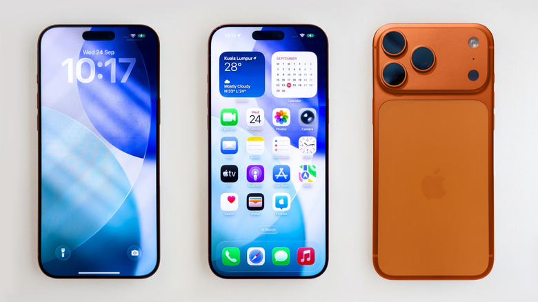 Apple iPhone 17 pro showing locked screen, home screen and back side of the phone